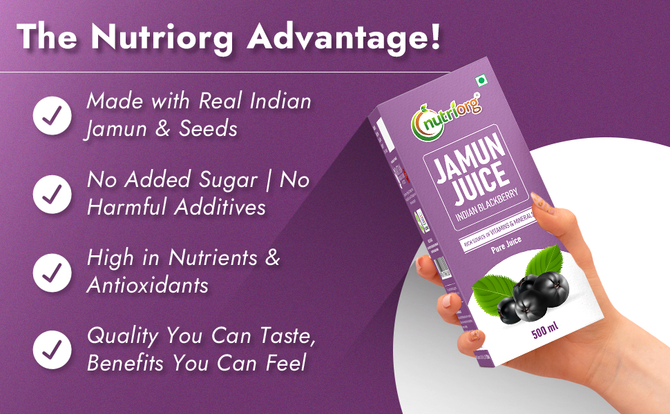 Nutriorg Jamun Juice | 500 ml | Pure Jamun Juice for Diabetes Care | Controls Blood Sugar Levels | Blood Purification | No Added Sugar, Preservatives, or Colors