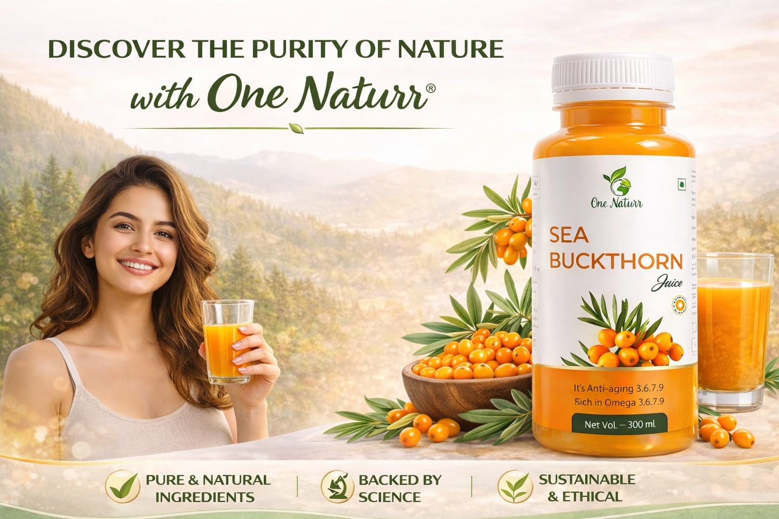 One Naturr - Sea Buckthorn Juice, Himalayan Berry Juice - 300ml, Anti-aging, Rich in Omega 3 6 7 9, Orange, Liquid Form, Gluten Free (3, 900 ml)