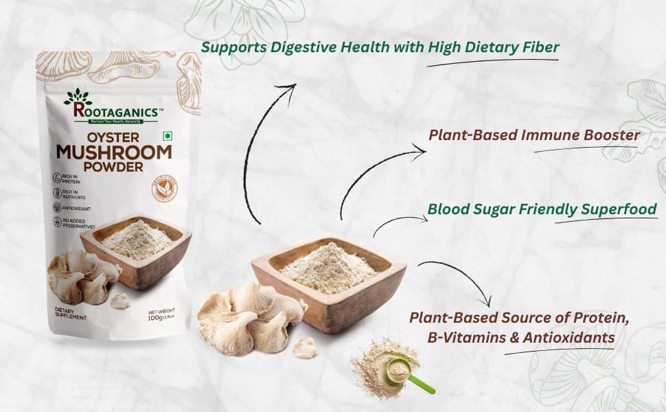Rootaganics Organic Oyster Mushroom Powder 100g | 100% Pure, No Additives | Rich in Beta-Glucans & Natural Umami | Plant Protein & Fiber | For Soups, Gravies, Smoothies, Tea | Vegan & Lab-Tested