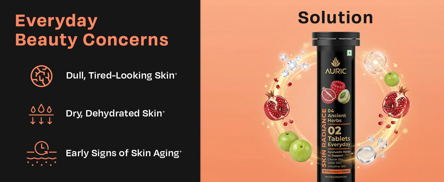 Auric Skin Radiance Glutathione Effervescent 20 Tablets for Skin | With Biotin, Amla, Pomegranate & Grape Seed Extract | Mixed Berries Flavour | Shine 365