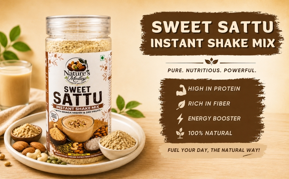 Nature's Medley Sweet Sattu Instant Shake Mix, with Dhaga Mishri and Dry Fruits, Rich in Omega, 125g