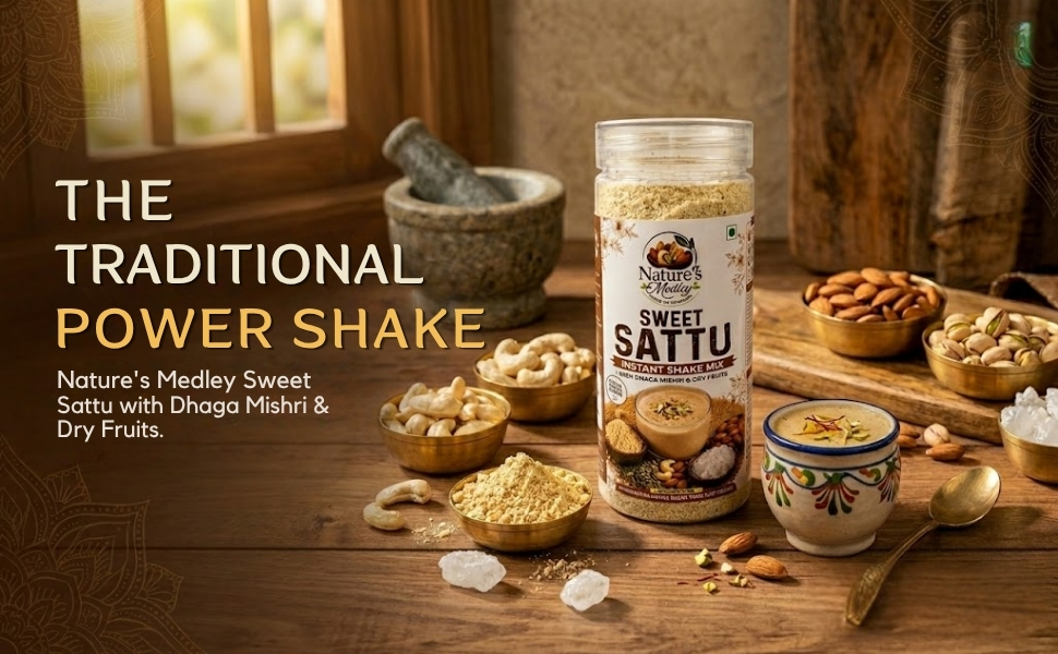 Nature's Medley Sweet Sattu Instant Shake Mix, with Dhaga Mishri and Dry Fruits, Rich in Omega, 125g