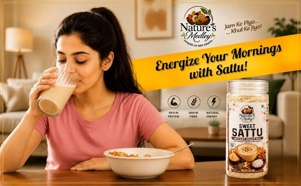 Nature's Medley Sweet Sattu Instant Shake Mix, with Dhaga Mishri and Dry Fruits, Rich in Omega, 125g