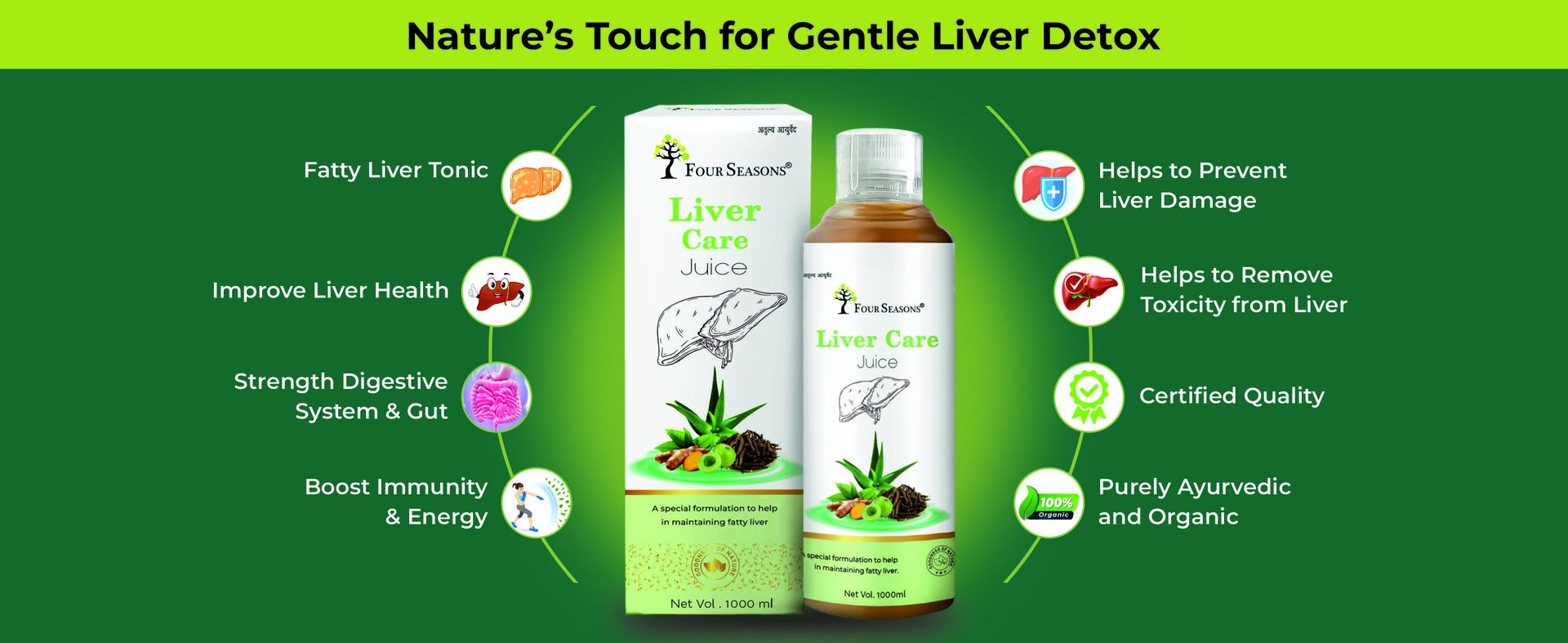 Four Seasons Pure Ayurvedic Liver Detox & Care Juice – Natural Fatty Liver Support Tonic with Bhumi Amla, Kalmegh & Punarnava – 100% Herbal & Sugar-Free 1L (Pack of 1)