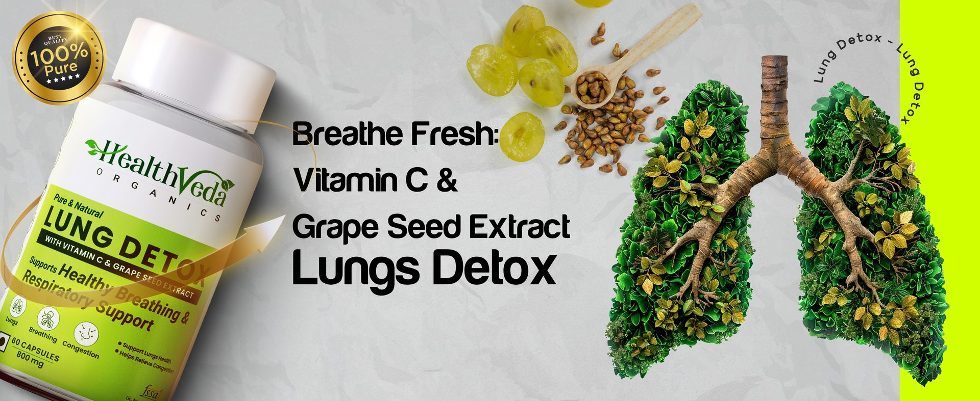 Health Veda Organics Lung Detox With Vitamin C & Grape Seed Extract | Supports Healthy Breathing, Detoxification of Lungs and Immunity (60 Veg Capsules)