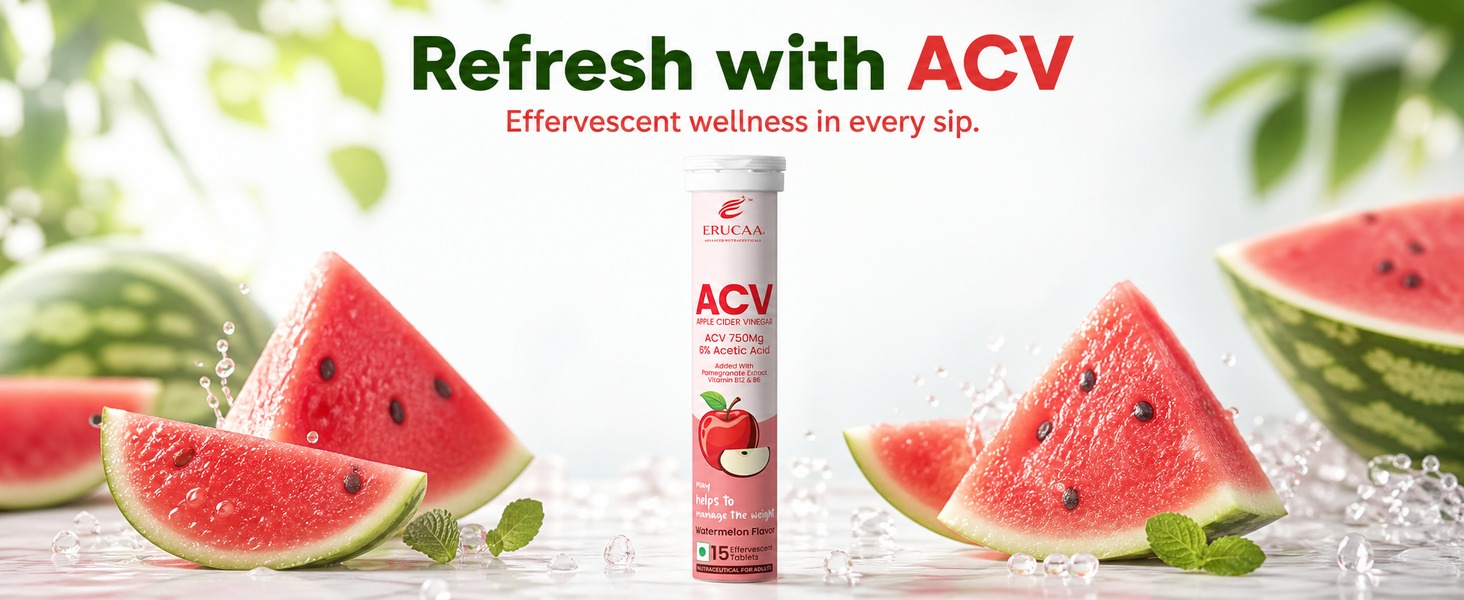 ACV Effervescent Health Supplement | Apple Cider Vinegar 750mg with Pomegranate Extract, Vitamin B6 & Vitamin B12 | Watermelon Flavour | 15 Effervescent Tablets
