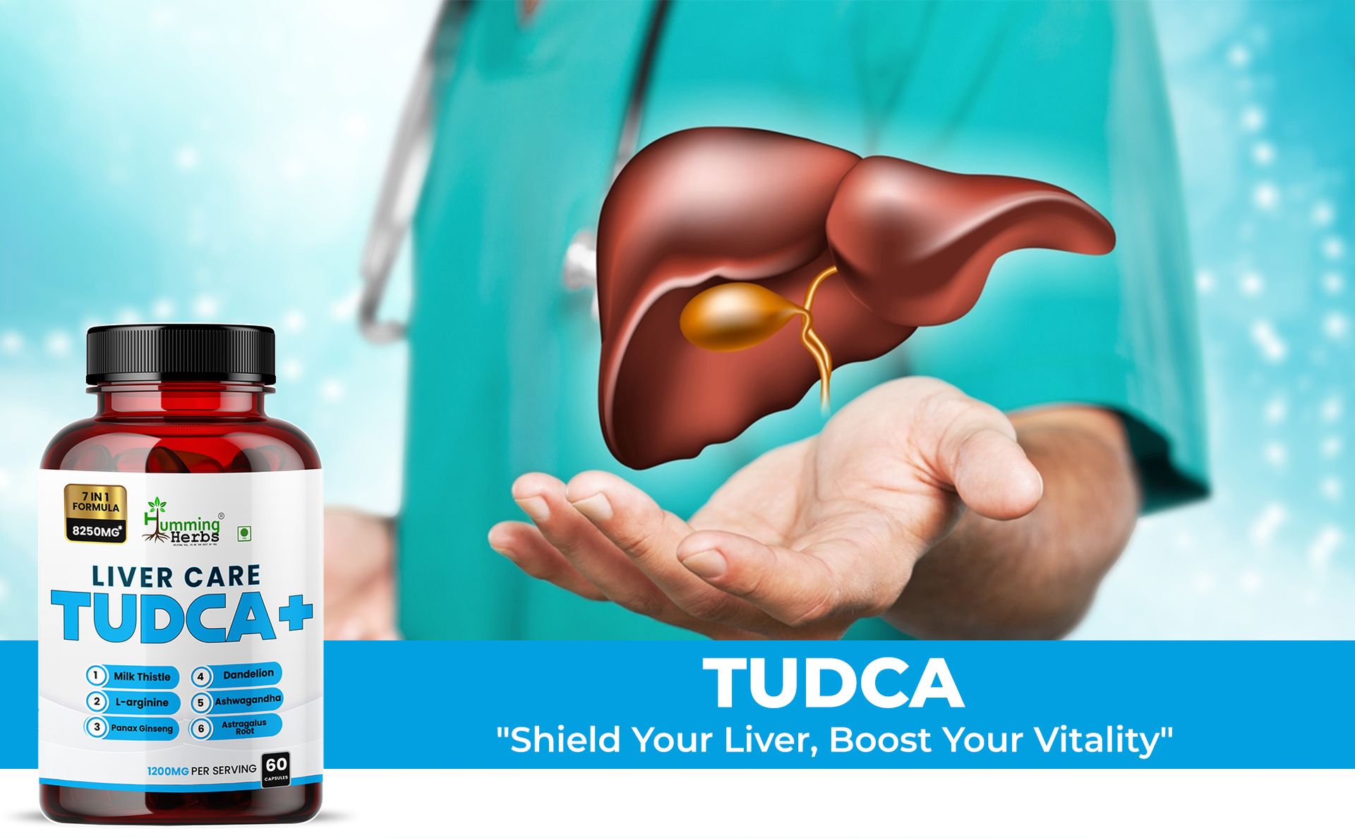 Humming Herbs Liver Care TUDCA+ | Milk Thistle, Dandelion, Ashwagandha & L-Arginine for Liver Detox, Energy, Digestion, and Immune Support | 7-in-1 Formula, 1200mg, 60 Capsules