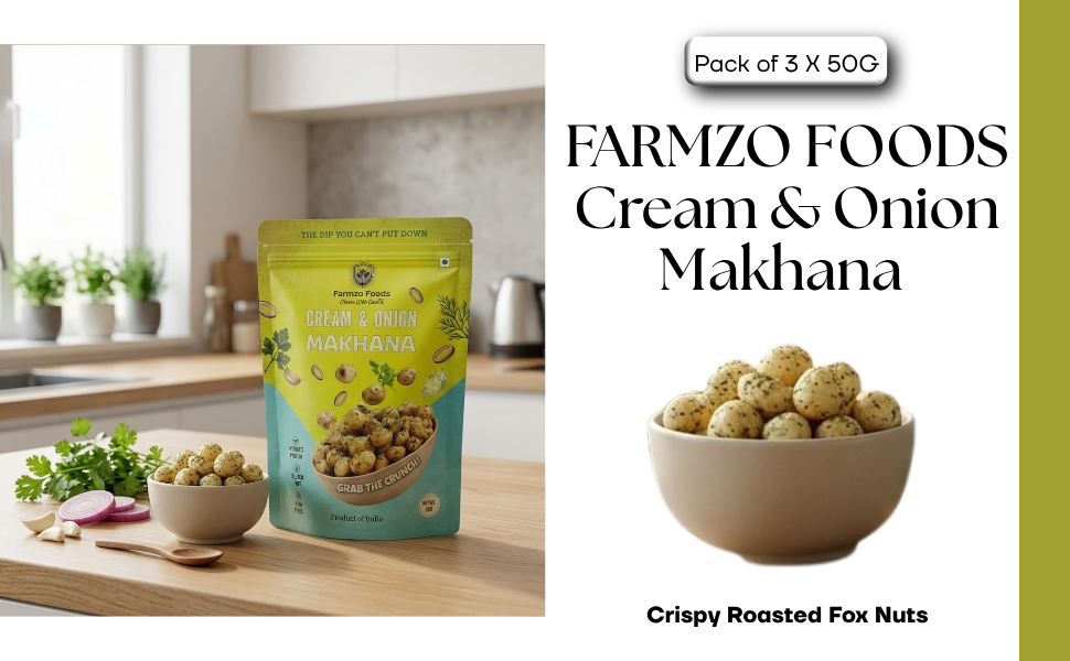 Farmzo Foods Cream & Onion Makhana | Pack of 3 X 50G | Crispy Roasted Fox Nuts | 150G