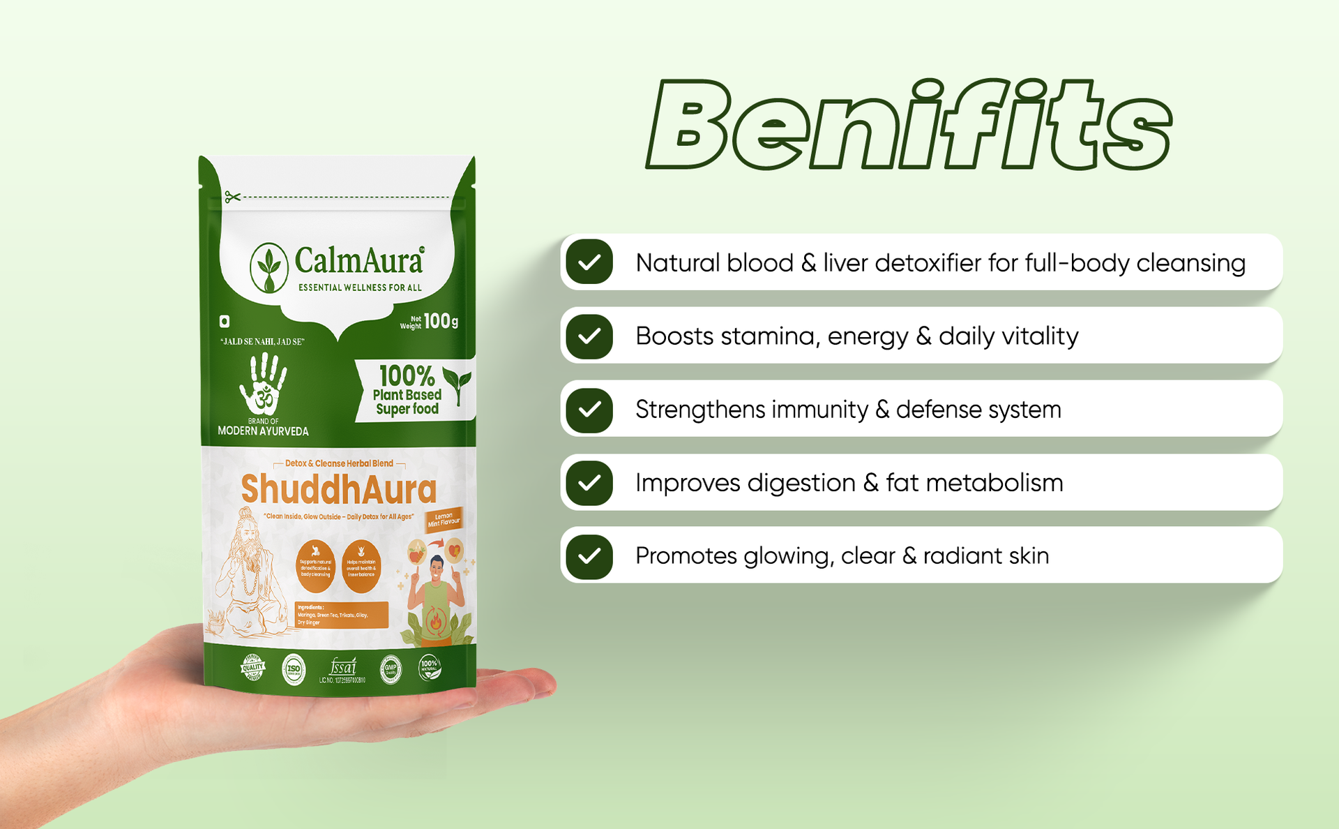 CalmAura ShuddhAura Ayurvedic Detox Wellness Powder 100g | Lemon Mint Flavor | Liver Support, Immunity & Energy Drink with Moringa Green Tea Giloy | Vegan