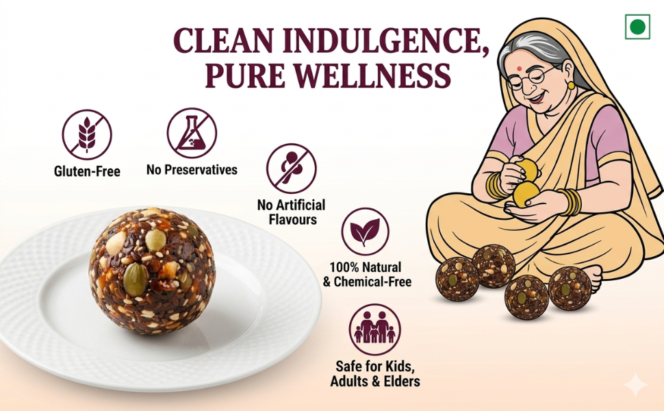 Khajoor Nuts & Seeds Laddu with Almonds, Cashew, PumpkinSeeds, WatermelonSeeds, SunflowerSeeds & Kishmish | Healthy Sugar-Free Energy Bites & Dry Fruit Ladoo (180g)