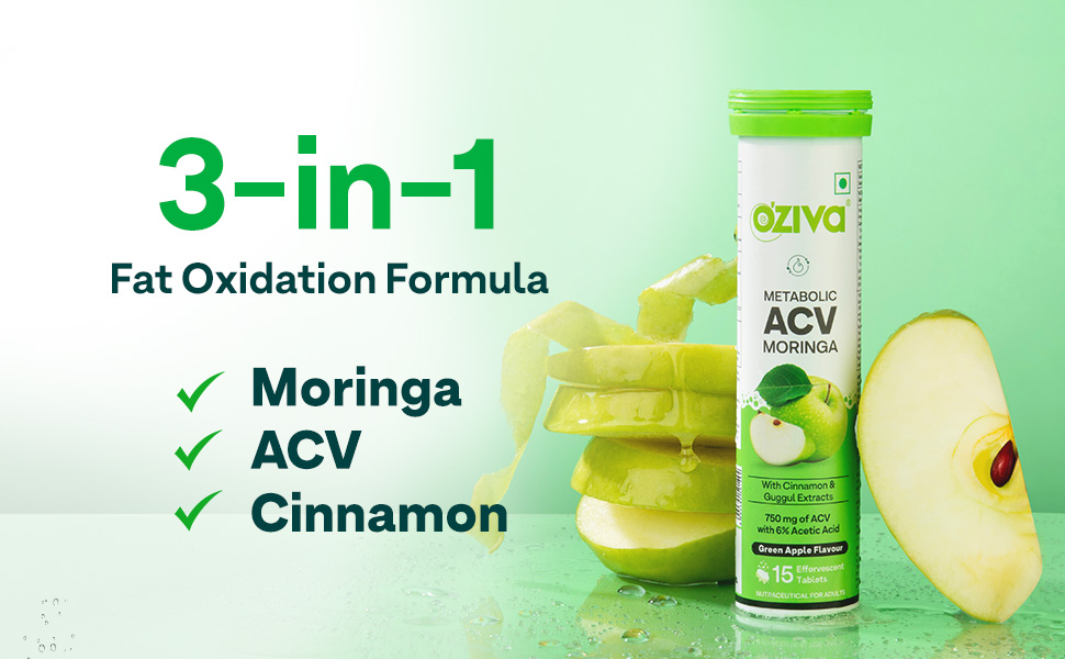 OZiva ACV Moringa Apple Cider Vinegar Tablets, Green Apple, Pack of 8