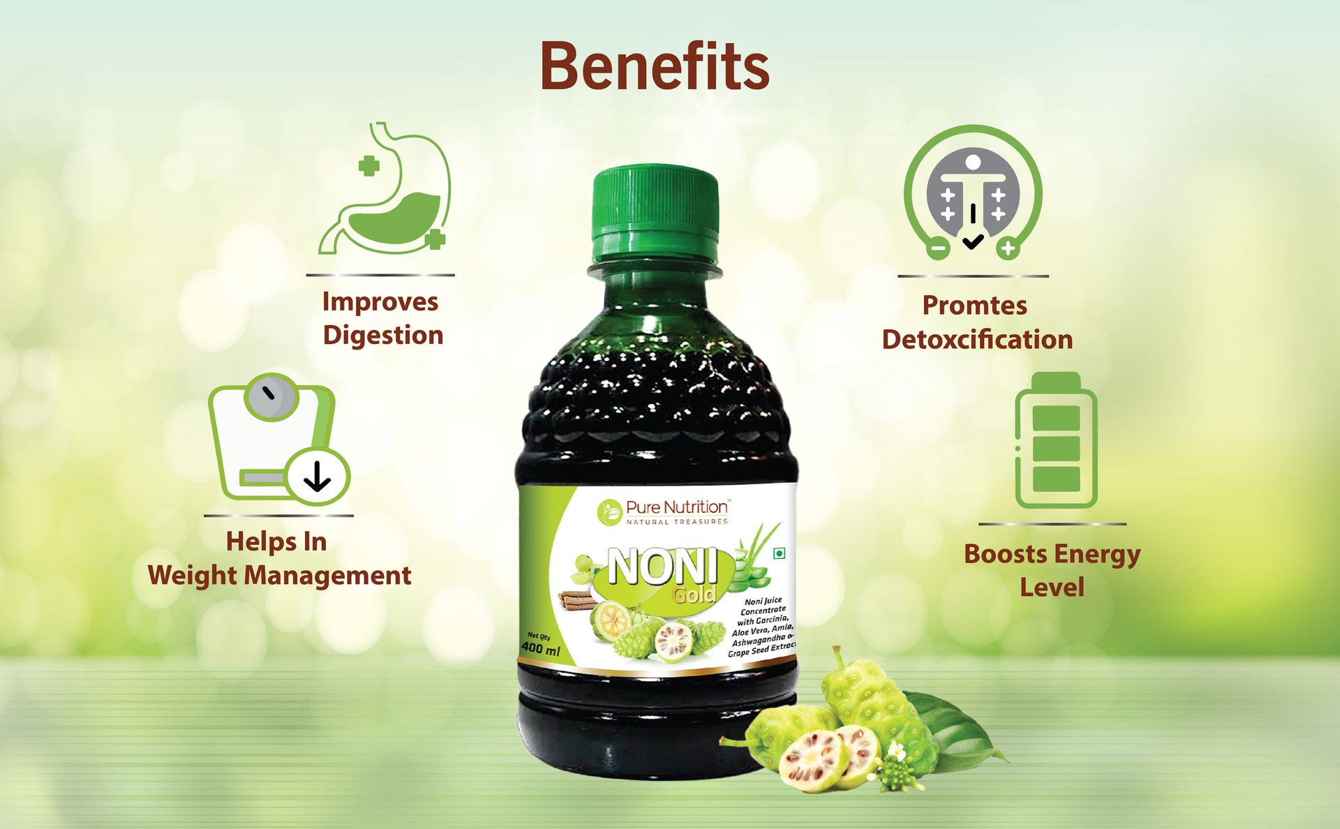 Pure Nutrition Noni Gold Detox Juice | Body Detox Drinks for Cleansing Body With Garcinia, Aloe Vera, Amla, Ashwagandha & Grape Seed Extract | Supports Diabetes Care, Digestion, Immunity & Skin Health - 400ml (Pack of 3)