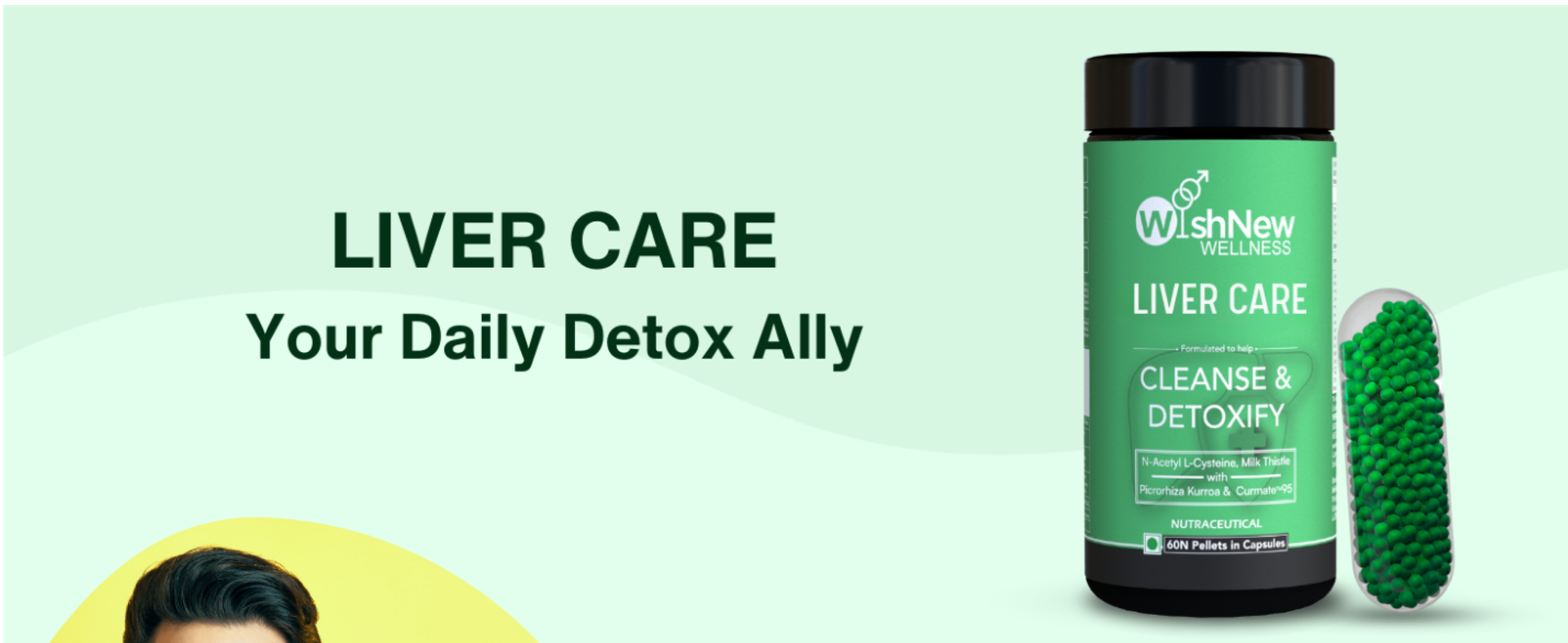 WishNew Wellness Liver Care Supplement - Detox & Support with NAC, Milk Thistle, Picrorhiza, Curmate™ 95, Vitamins E & D2, 60 Caps | Fit Health Fatty Liver Care | Suitable for Men & Women