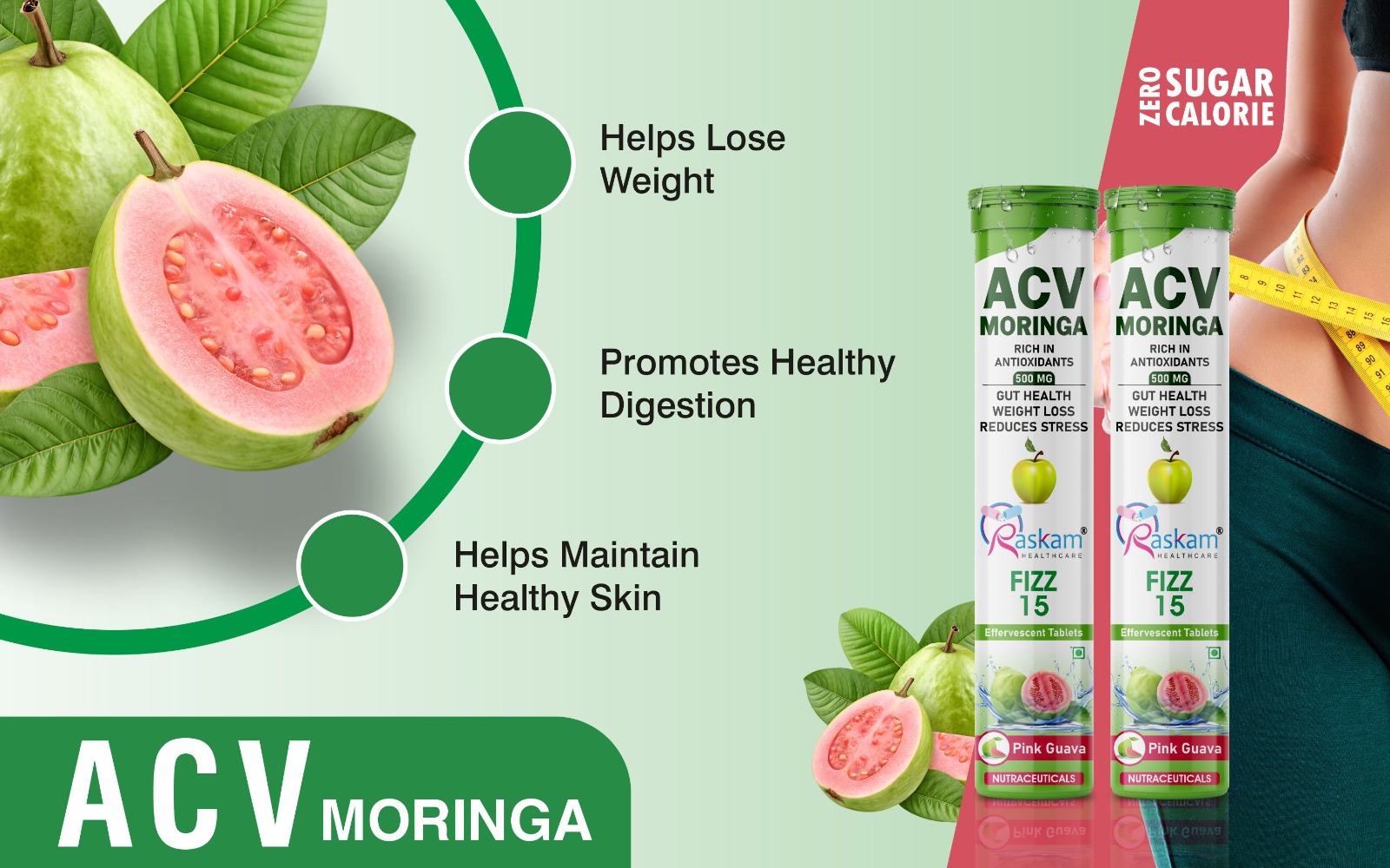ACV Moringa Effervescent Tablets 500mg – Pink Guava Flavor, No Added Sugar, Supports Appetite Control, Immunity & Natural Energy – 15 Fizz Tabs (Pack of 1)