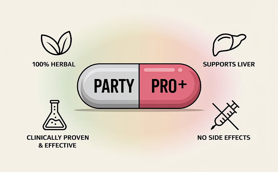 Party Pro Ayurvedic Anti Hangover Capsule | Prevents Hangover & Helps Support Liver | Herbal Solution | Safe and Effective | Clinically Proven | Ten Capsules for Men and Women
