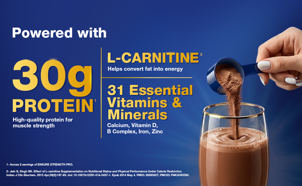 Ensure Strength Pro | High Protein Nutritional Drink for Adults | Rich Chocolate (400g) | 30g Protein, Low GI, Gluten Free | L-Carnitine| No Artificial Flavors | Scientifically formulated with Power of 7- Muscles, Bones, Heart, Immune System, Metabolic System, Nervous system, Blood Cells health