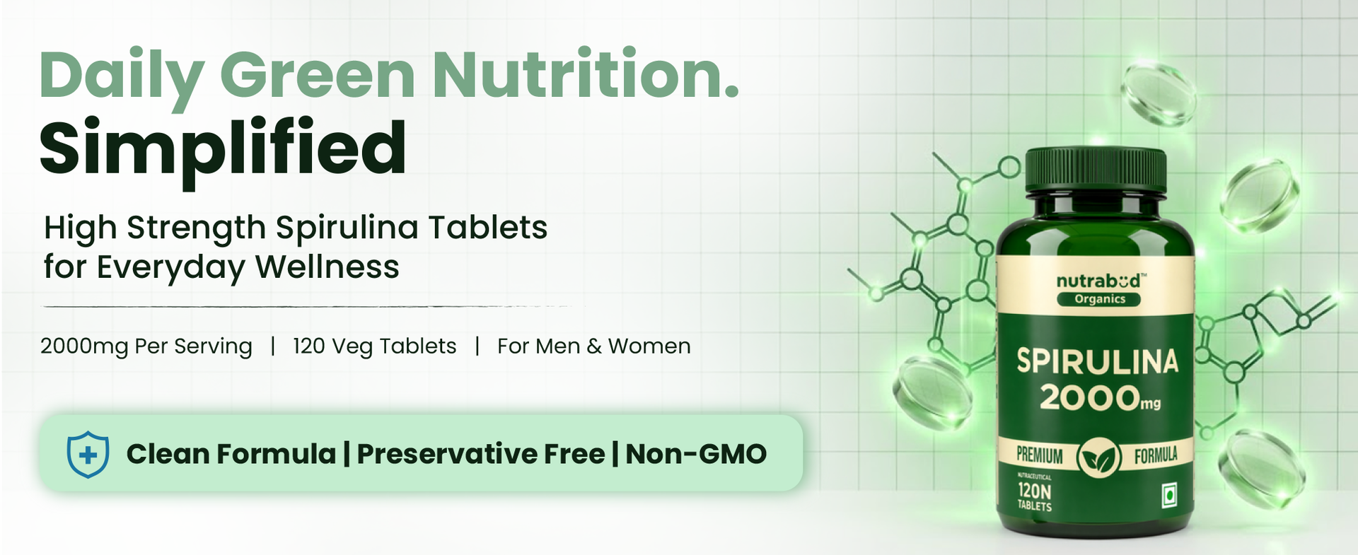 Nutrabud Spirulina Tablets 2000mg per Serving - 120 Veg Tablets - For Women, Men - Preservative & Additive Free (120 Count (Pack of 1))