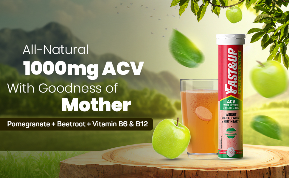 Fast&Up Apple Cider Vinegar Effervescent Tablets | 500mg ACV with Mother, Beetroot, Pomegranate, B6 & B12 | Supports Detox, Gut Health & Weight Management, Green Apple