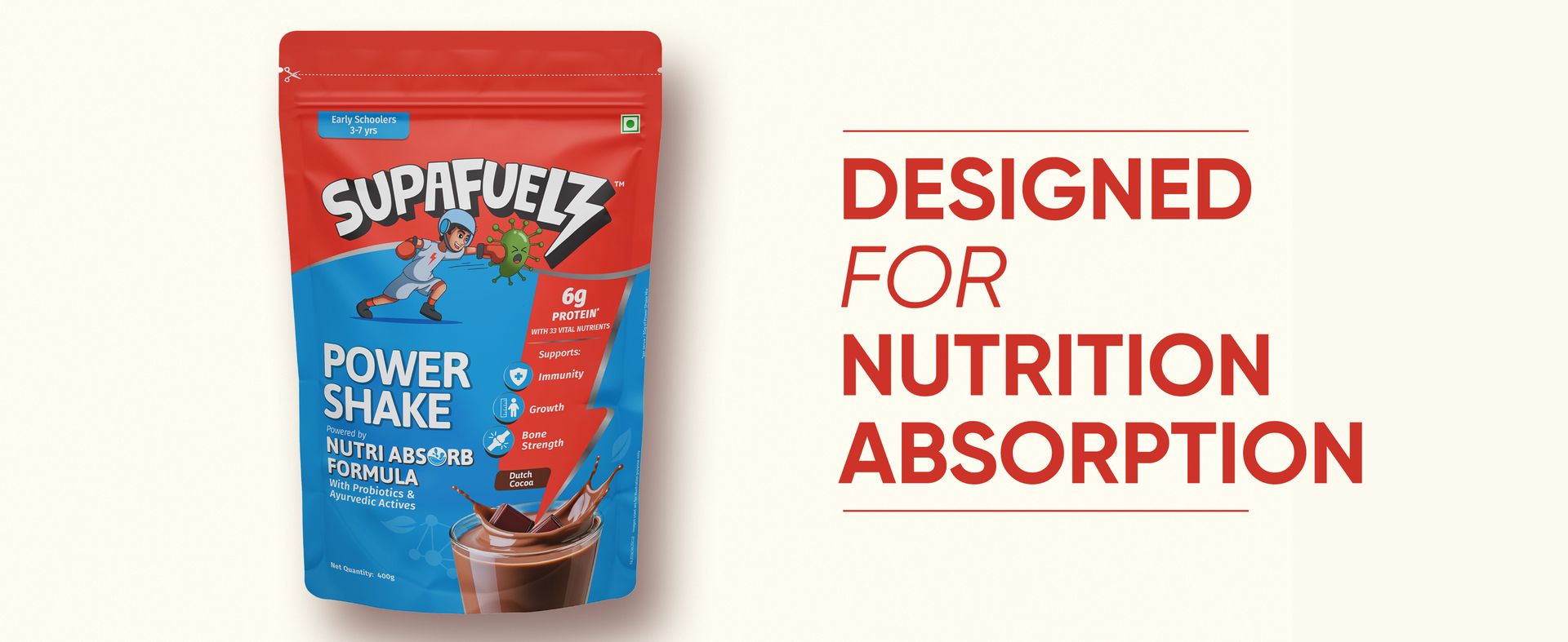 Supafuelz Power Shake 3-7yr kids | Height & Strength Drink | 6g Protein, 33 Nutrients, Probiotics, Ayurvedic Actives | Nutrition Support for Growth, Focus & Immunity | Chocolate 400g | Safe Nutrition Drink For Kids