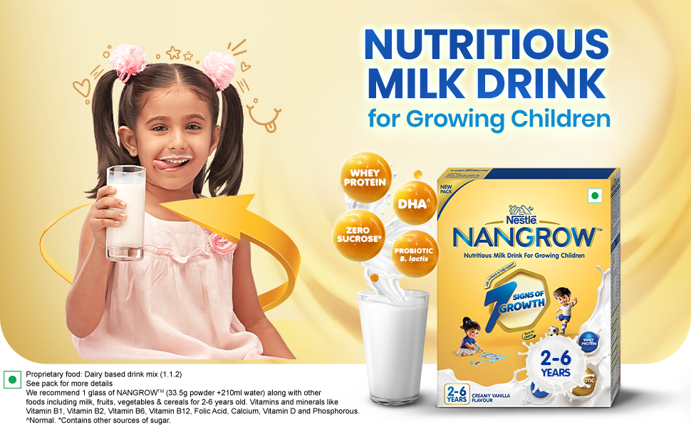 Nangrow Nutritious Milk Drink Powder For Growing Children Toddler Aged 2-6 Years | Contains DHA | Rich In Protein & Vital Nutrients | Creamy Vanilla Flavor, 400g, BIB Pack (Pack of 3)