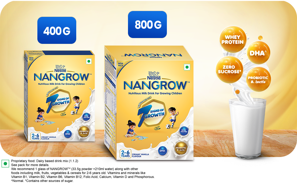 Nangrow Nutritious Milk Drink Powder For Growing Children Toddler Aged 2-6 Years | Contains DHA | Rich In Protein & Vital Nutrients | Creamy Vanilla Flavor, 400g, BIB Pack (Pack of 3)