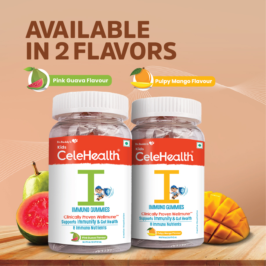 Dr. Reddy's Kids CeleHealth I Immunity Gummies with clinically proven wellmune, Vitamin C & Zinc for Kids (4-12 Years) | Pulpy Mango Flavour | 30 Gummies - Pack of 1