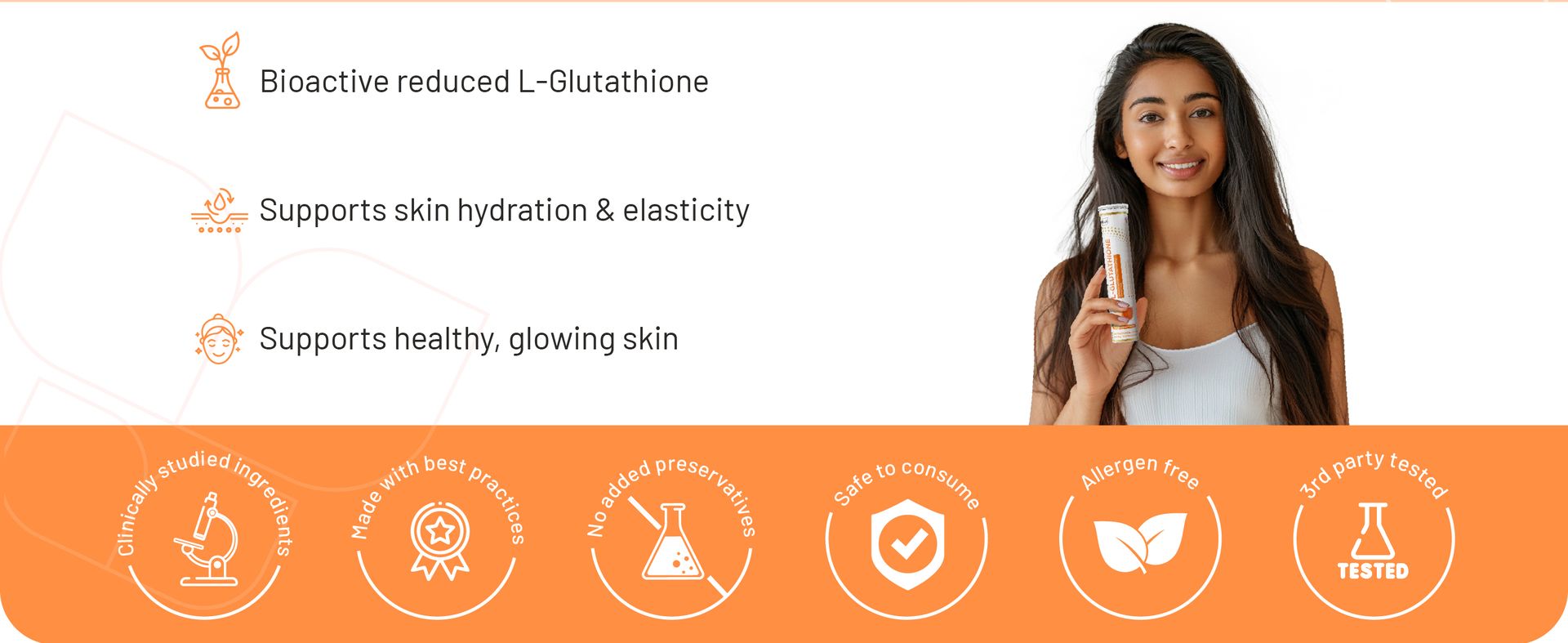 L-Glutathione 550mg - 20 Effervescent Tablets Glutathione Effervescent Tablets for Glowing Skin with Hyaluronic Acid Vitamin C & Vitamin E | Skin Glow Supplement For Clear Skin | Orange