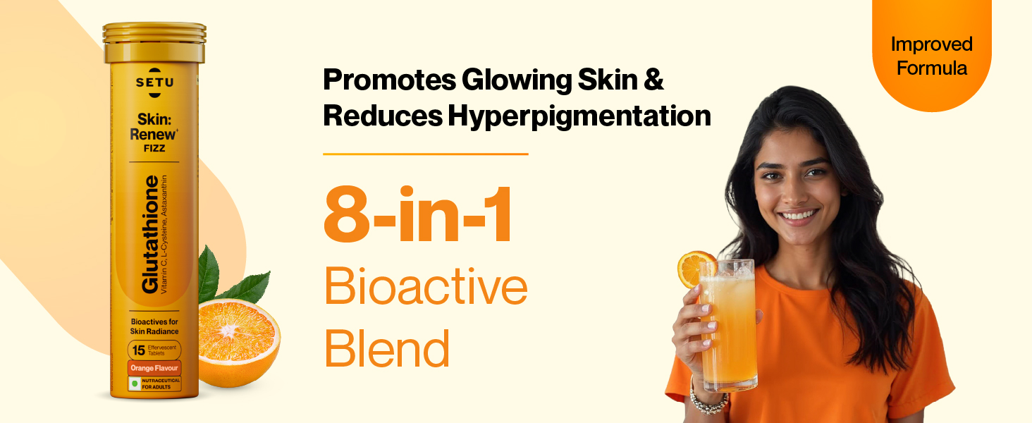 Setu Skin Renew Glutathione Tablets for Glowing Skin | 30 Effervescent Tablets with 500mg L-Glutathione & Vitamin C | Sugar-free Antioxidant & Skin Glow Supplement for Clear Skin | Orange (Pack of 2)