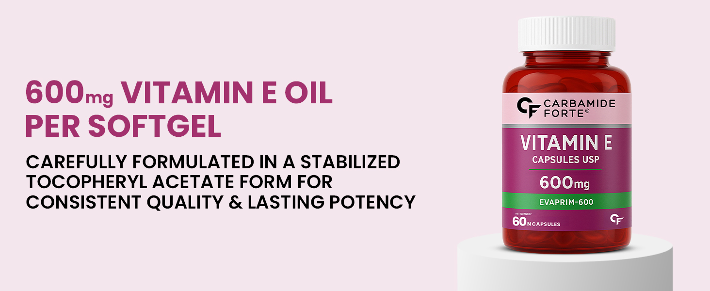 Carbamide Forte 600 mg Vitamin E Capsules for Face and Hair | 100% Natural Supplement with Vitamin E Oil | Paraben Free - 60 Capsules