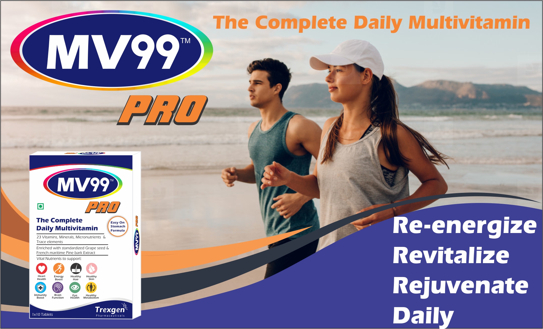 Trexgen® MV99™-PRO The Complete Daily Multivitamin with A,D,E,K,B-Complex, C, Multiminerals Micronutrients & Trace elements with Grape Seed & Pomegranate extract (10x10 = 100 Tabs)
