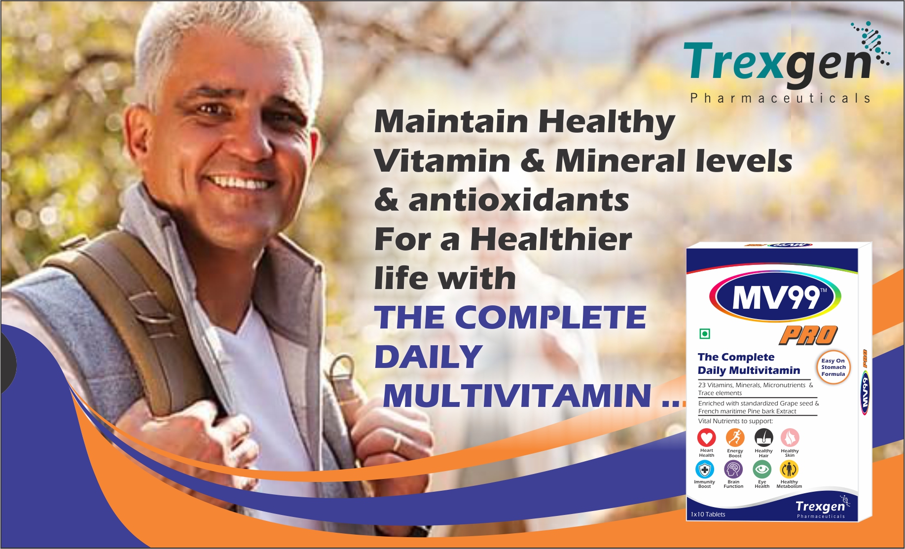 Trexgen® MV99™-PRO The Complete Daily Multivitamin with A,D,E,K,B-Complex, C, Multiminerals Micronutrients & Trace elements with Grape Seed & Pomegranate extract (10x10 = 100 Tabs)