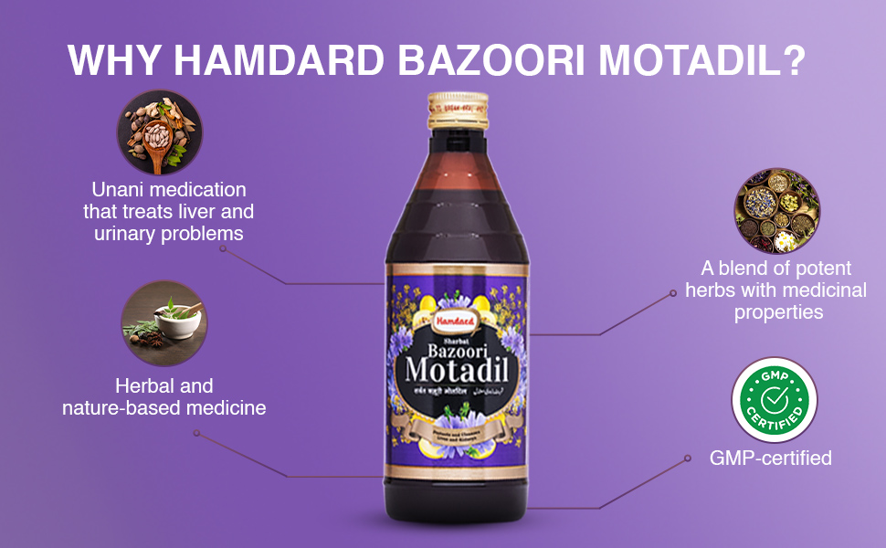 Hamdard Sharbat Bazoori Motadil | 500 ML | Supports Kidney and Liver Health | Helps Manage Burning Sensation in Bladder | Herbal Remedy | Unani Formulation | All-natural | Pack of 2