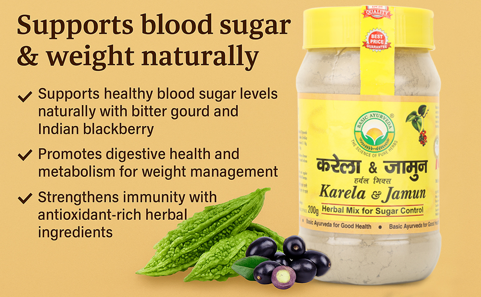 Basic Ayurveda Karela & Jamun Powder 200g Pack of 2 | Herbal Ayurvedic Blend for Healthy Blood Sugar Levels | Supports Digestion Metabolism & Diabetic Care