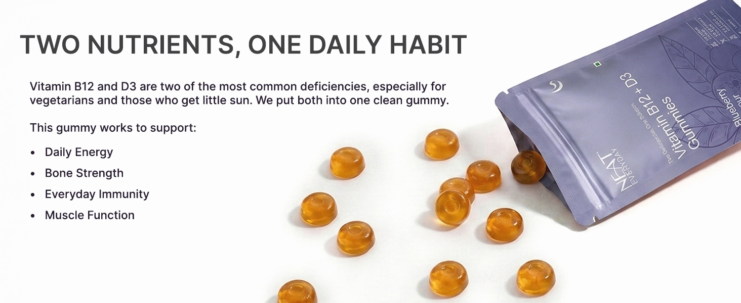 NEAT EVERYDAY Vitamin B12 + D3 Gummies | Blueberry Flavour | No Added Sugar | Vegan Gummies | No Artificial Colour & Preservatives | Health Supplement | Pack of 15