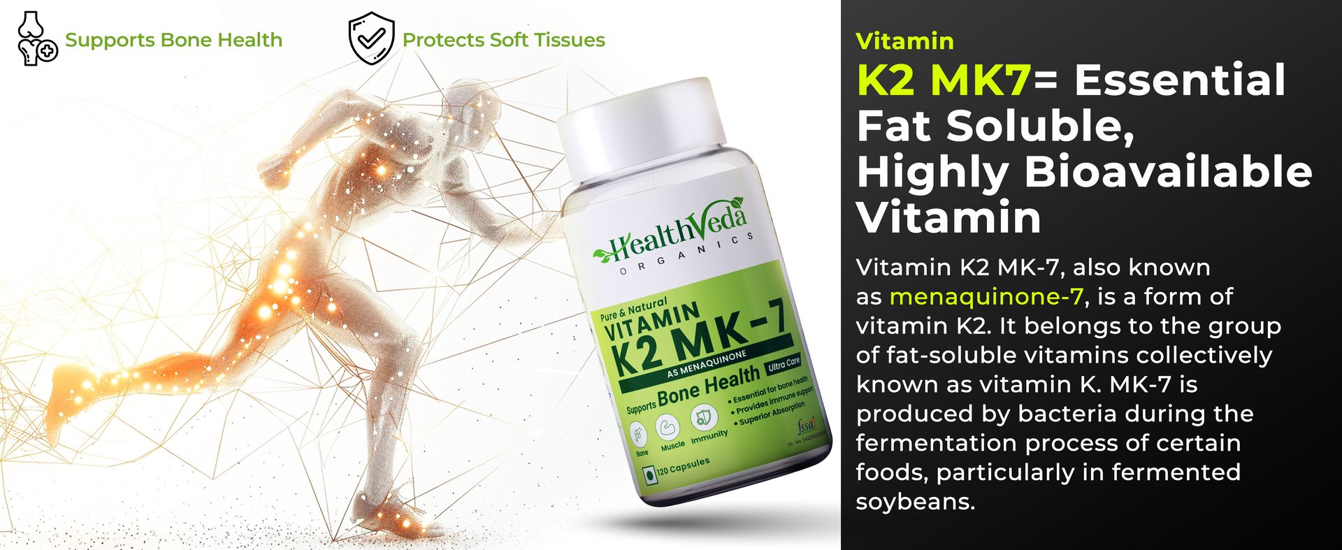 Health Veda Organics Vitamin K2 55 mcg Supplement for the Bone Health Support for Both Men and Women | 120 Vegan Capsules Pack