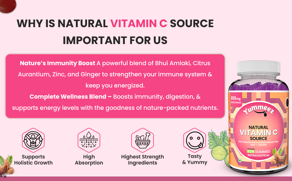 Naturyz Natural Vitamin C Gummies with Amla & Zinc | Immunity & Antioxidant Support | No Added Sugar, Plant-Based | No Ascorbic acid | Better Absorption & Bioavailability | Tasty Daily Wellness Supplement (Tamarind Flavour)- 50 gummies