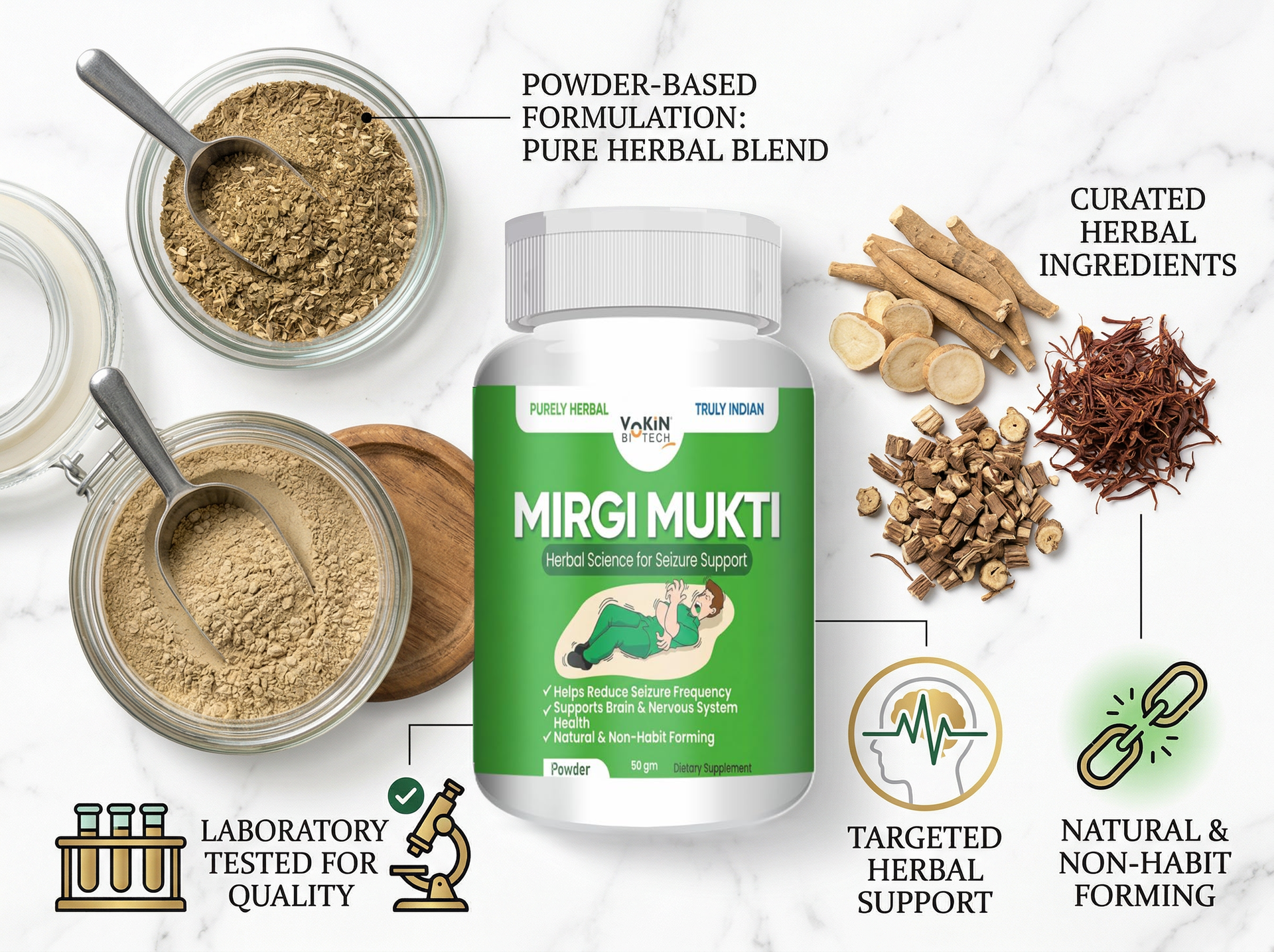 Vokin Biotech Mirgi Mukti Herbal Powder 50 gm | Brain & Nervous System Support Supplement | Purely Herbal Formula | Non-Habit Forming | Powder Form