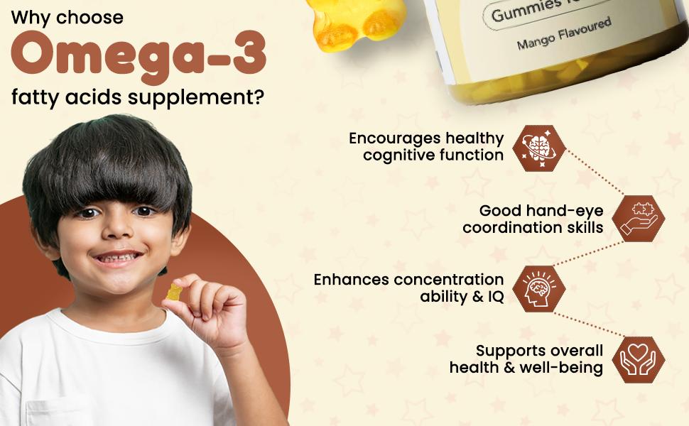 Junior Omega 3 Kids Gummies (4+ Years), Supports Brain Development, Memory, Focus & Immunity, DHA Omega 3 Supplement for Kids, 100% Veg (Natural Mango Flavour, 30 Gummies)