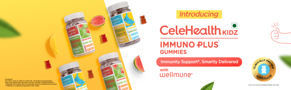 Dr. Reddy's CeleHealth Kidz Immuno Plus Multivitamin Gummies with Wellmune, Vitamin C & Zinc for Kids (4 - 12 Years) | Supports Immunity and Digestion | Pulpy Mango Flavour | 30 Gummies - Pack of 1 | 100% Vegetarian