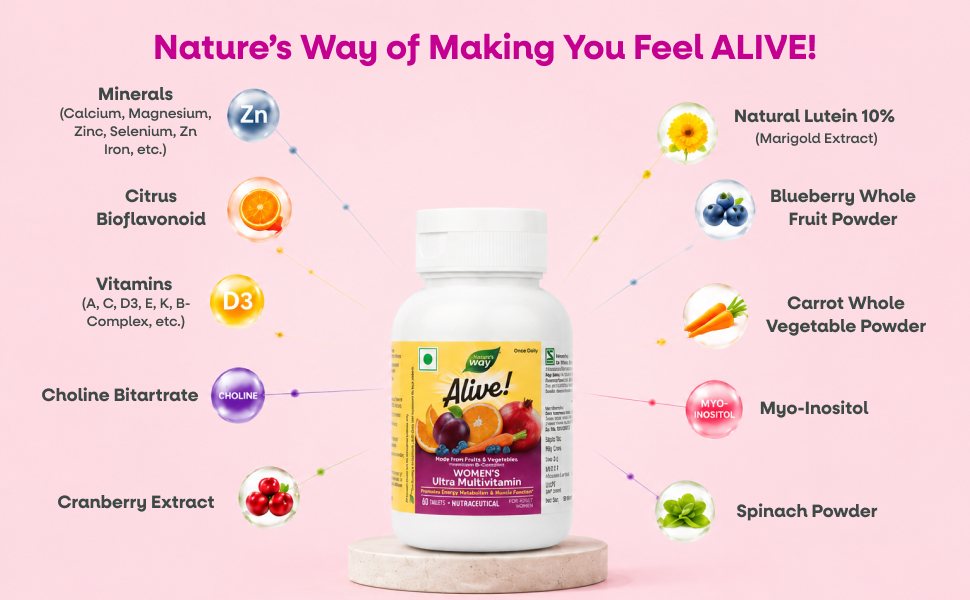 Nature’s Way Alive Women’s Ultra Multivitamin – Daily Whole-Food Nutrition from 32+ Fruits & Veggies | Hormone, Immunity & Metabolism Support | Digestive Enzymes | 100% RDA of 19+ Vitamins & Minerals | 60 Tablets