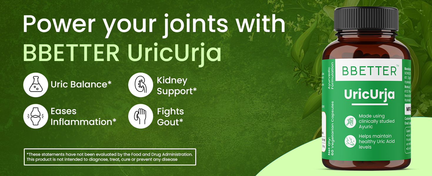 BBETTER UricUrja - Lab Tested Ayurvedic Medicine for Uric Acid Levels Management | Supports Kidney Health | Gout Pain Relief Medicine | 60 Capsules for Healthy Uric Acid Levels