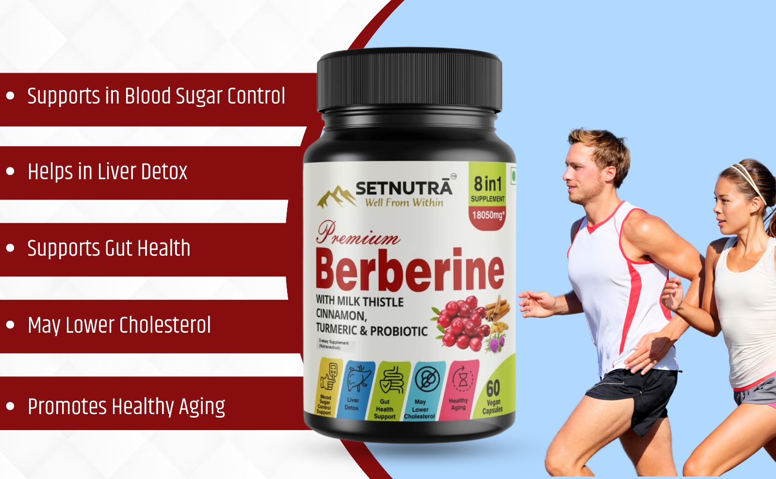 SETNUTRA | Berberine with Milk Thistle Cinnamon, Turmeric & Probiotic | Cost Saver 8in1 Supplement For Adults | Supports Gut Health & Blood Sugar Control | Liver Detox & Healthy Aging | 60 Capsules