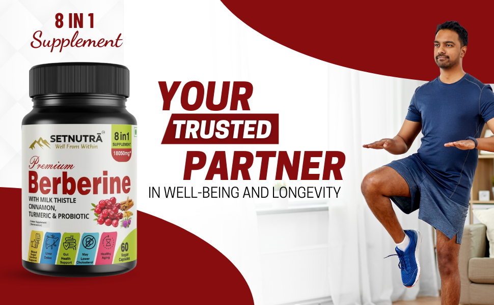 SETNUTRA | Berberine with Milk Thistle Cinnamon, Turmeric & Probiotic | Cost Saver 8in1 Supplement For Adults | Supports Gut Health & Blood Sugar Control | Liver Detox & Healthy Aging | 60 Capsules