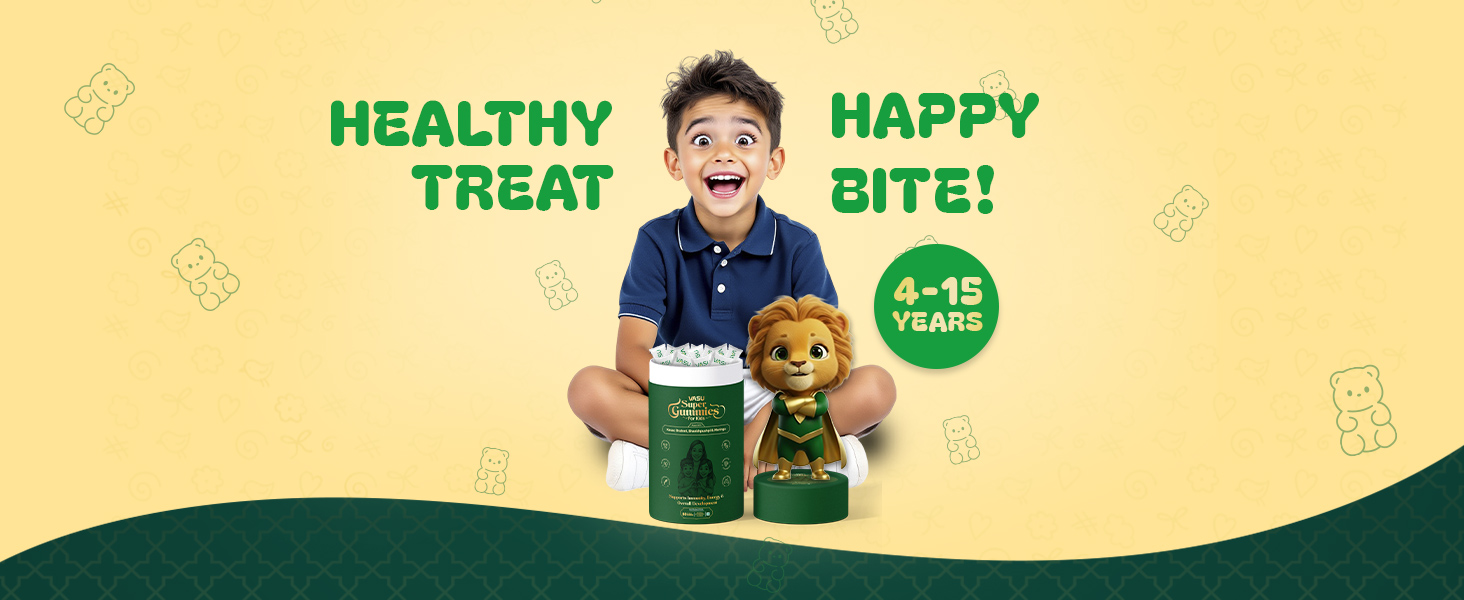 Vasu Super Gummies for Kids (60 Gummies) – Enriched with Kesar, Moringa, Brahmi & Shankhpushpi | Supports Immunity & Gut Health | Pre+Probiotics | DHA, Vitamins & Minerals | No Added Sugar
