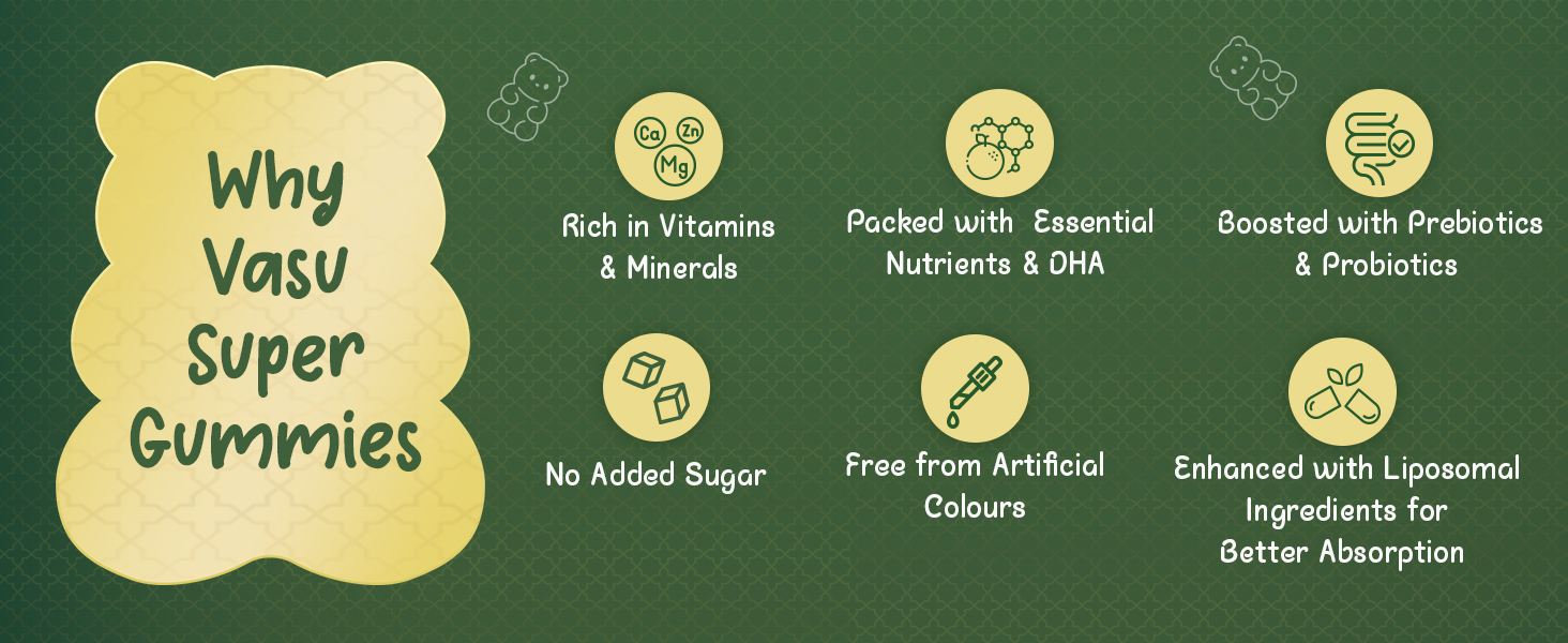 Vasu Super Gummies for Kids (60 Gummies) – Enriched with Kesar, Moringa, Brahmi & Shankhpushpi | Supports Immunity & Gut Health | Pre+Probiotics | DHA, Vitamins & Minerals | No Added Sugar