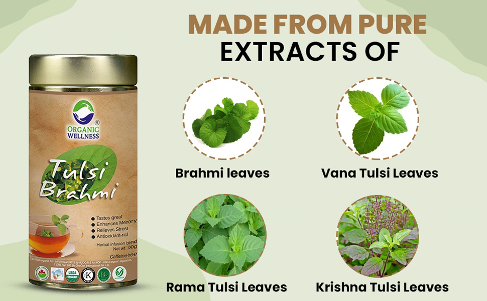 Organic Wellness Certified Tulsi Brahmi Herbal II Reduce Inflammation II Boost Brain Function II 100 Gram Tin pack