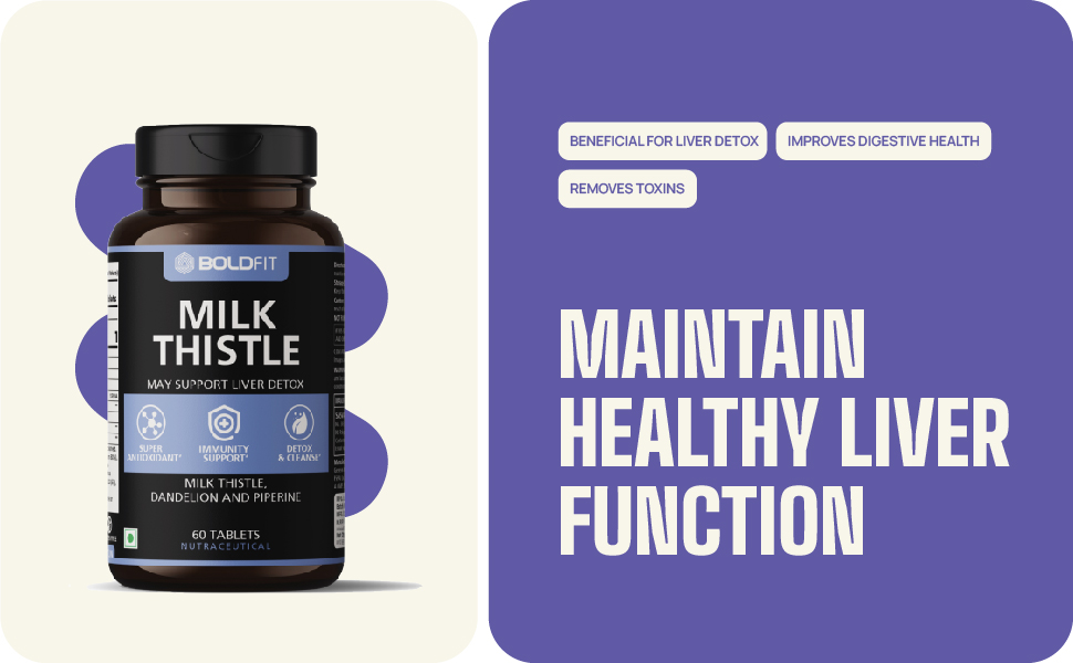 Boldfit Milk Thistle Fatty Liver Support Supplement with Silymarin Piperine and Dandelion Liver Detox Tablets Supports Liver Health Cleanse and Daily Wellness for Men and Women - 60 Vegetarian Tablets