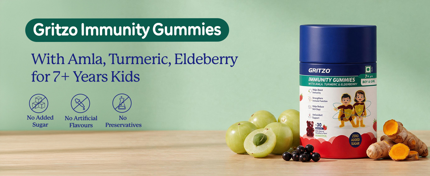 Gritzo Immunity Gummies for (7+y Boy & Girl), Strawberry, 30 Gummies