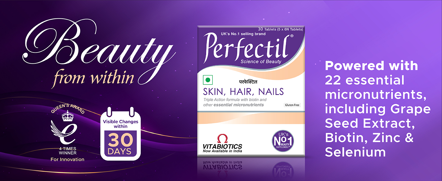 Perfectil Multivitamin Supplements For Hair, Skin And Nails For Men & Women,Packed With Biotin And Grape Seed Extract For Radiant And Younger-Looking Skin, Stronger Nails, 30 Tablets (Pack Of 2)