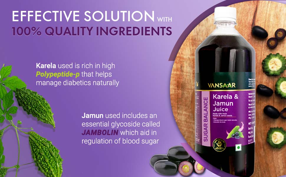 Vansaar 45+ Karela Jamun Juice 1 litre | Natural Sugar Control for Diabetic Care | Manage Blood Sugar Levels with Fresh Karela & Kala Jamun| Sugar Free for Diabetes & Pre - Diabetes care